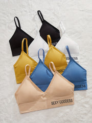 5pcs Letter Print Wireless Bras Comfy & Breathable Stretch Intimates Bra