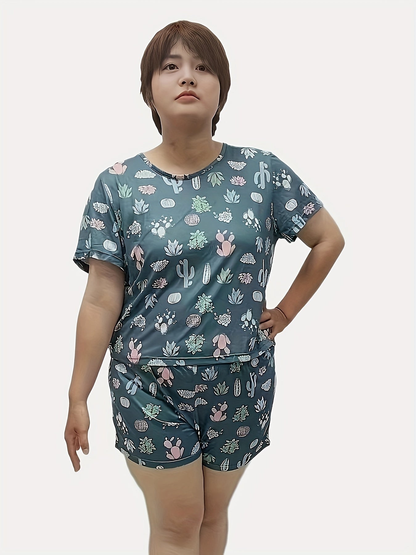 Cactus Print Plus Size Pajama Set - Short Sleeve Top & Shorts