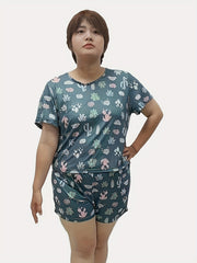 Cactus Print Plus Size Pajama Set - Short Sleeve Top & Shorts