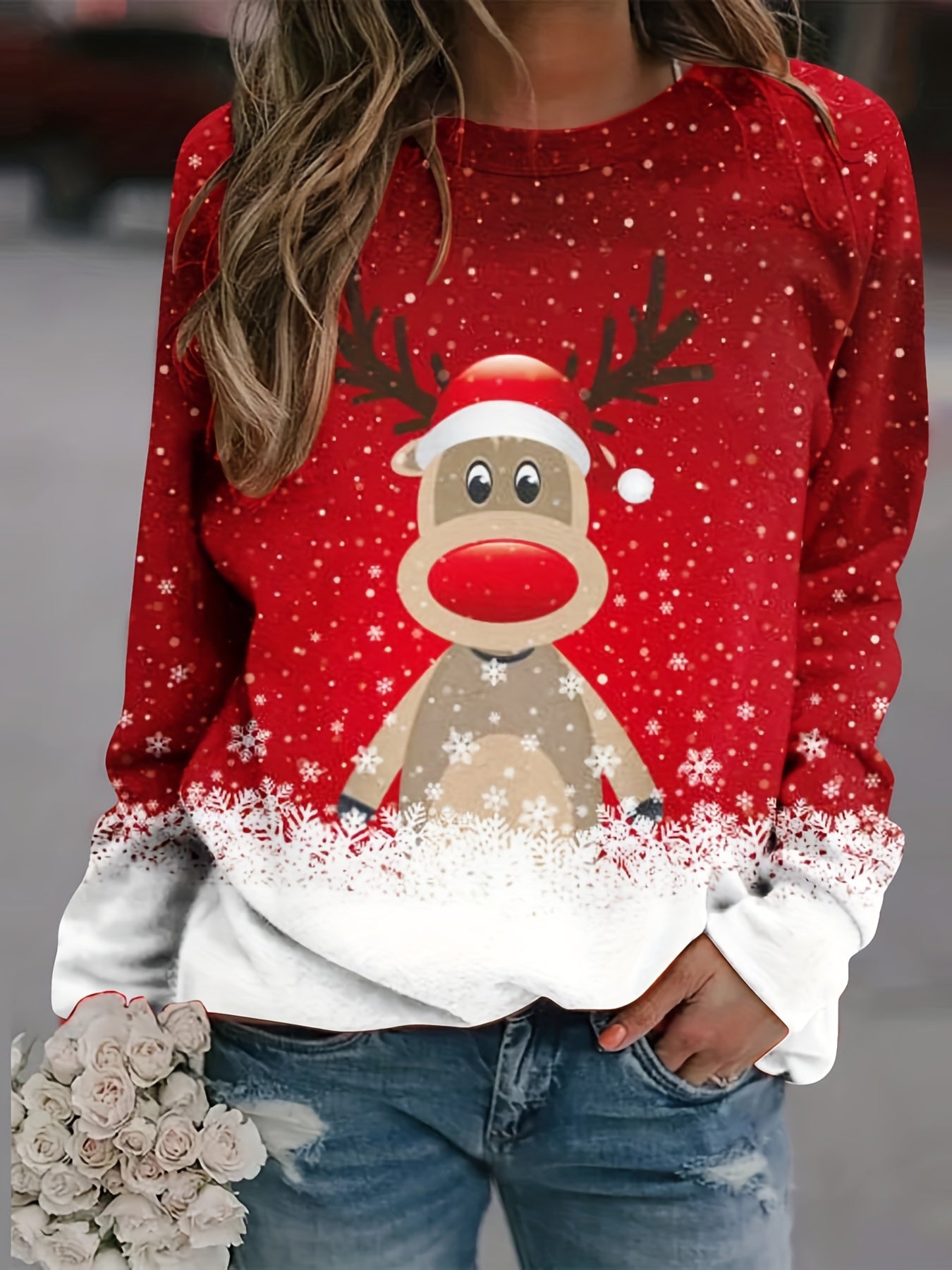 Snowman Print Crew Neck Pullover Sweatshirt for Women