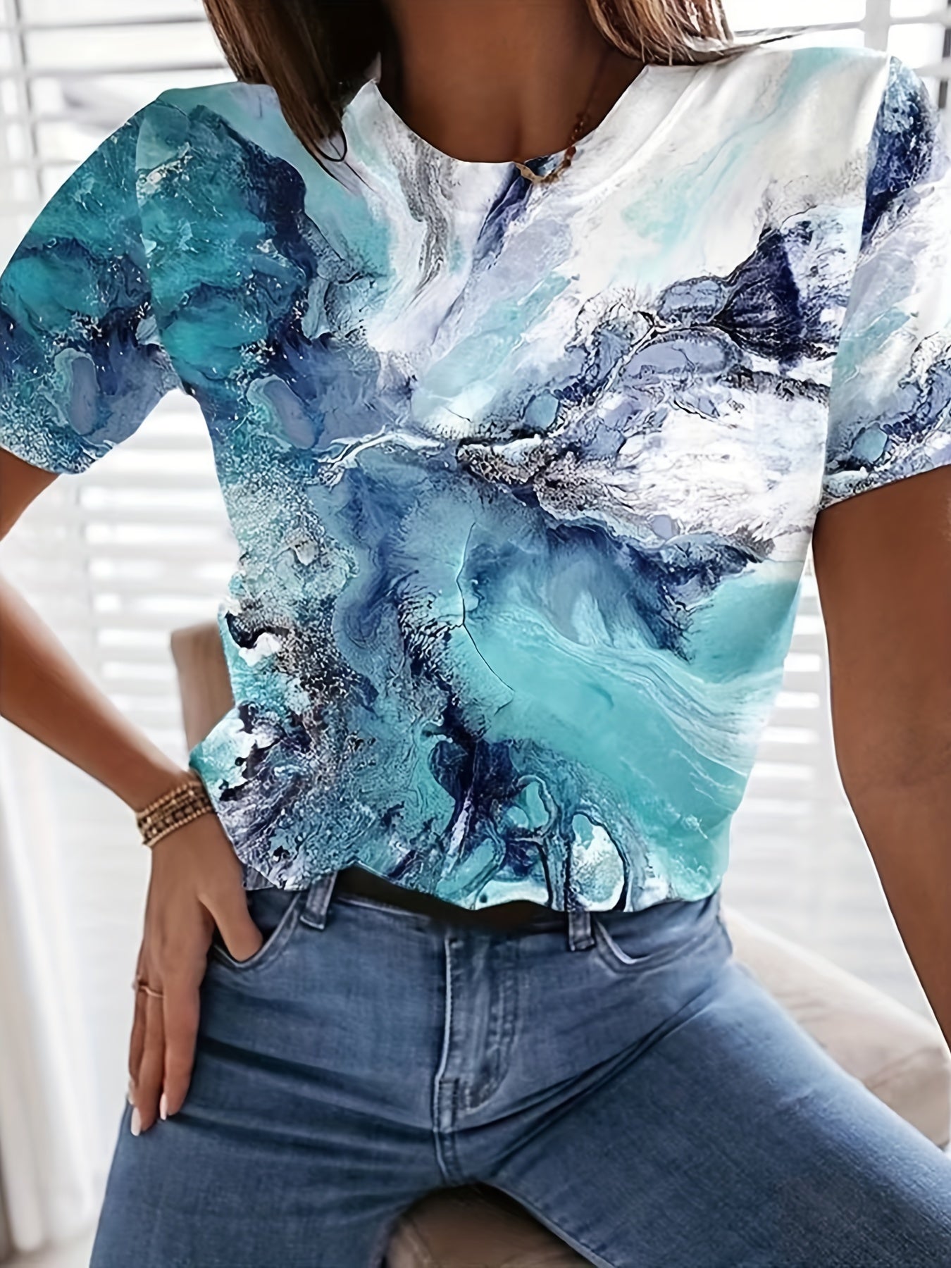 Marble Print Round Neck Casual T-shirt
