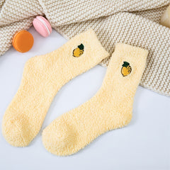 Soft Plush Home Floor Socks Fruit Pattern Thick & Warm Mid Tube Stockings
