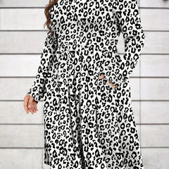 Leopard Print Long Sleeve Casual Dress with Pockets