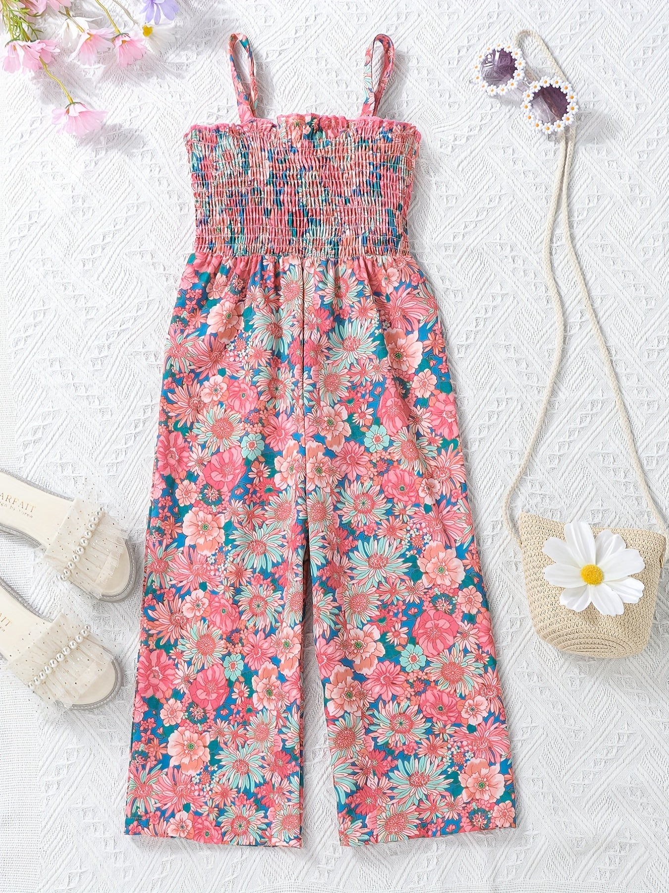 Girls Boho Flower Print Shirred Cami Jumpsuit For Party