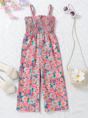 Girls Boho Flower Print Shirred Cami Jumpsuit For Party