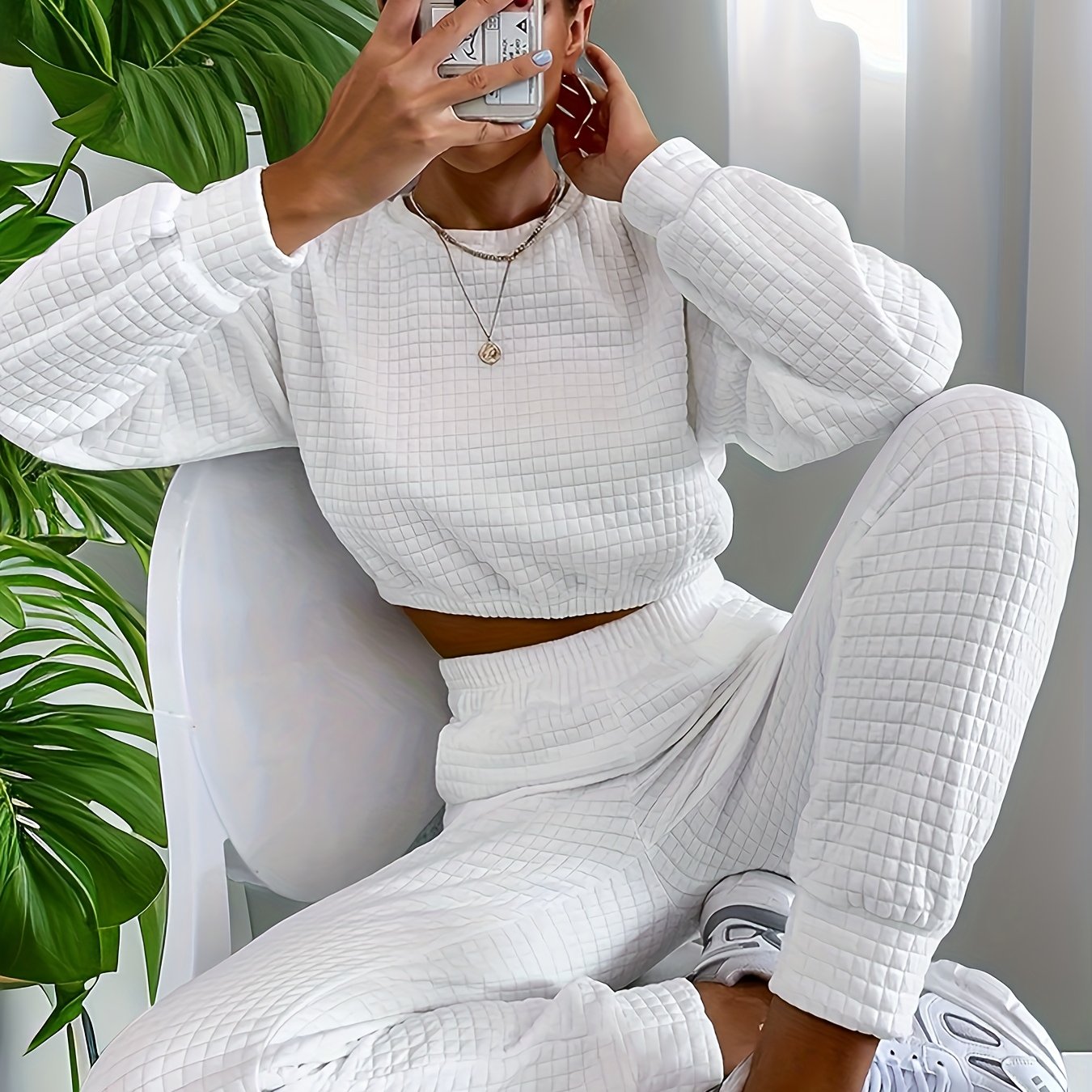 Waffle Solid Lounge Set Long Sleeve Top & Pants Women's Loungewear