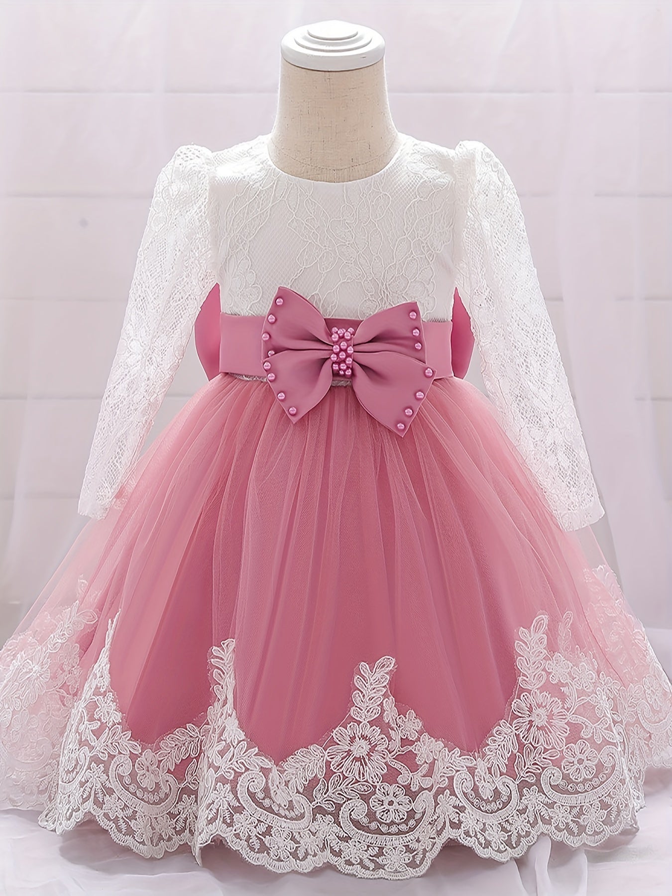 Baby Girls Floral Embroidery Long Sleeve Mesh Gown Princess Dress
