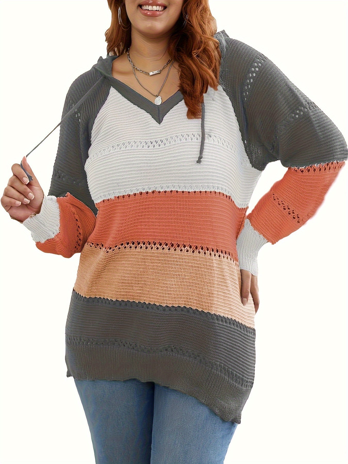Colorblock Embroidered Hoodie Sweater Women's Plus