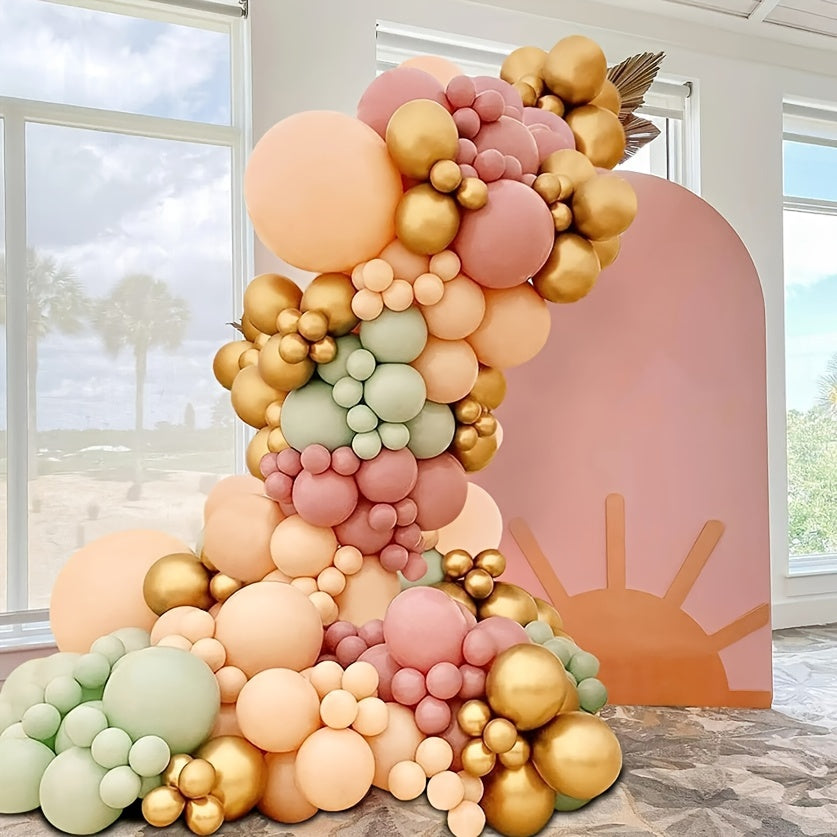 140pcs Balloon Garland Arch Set in Pink, Green, Gold, and Skin Tones