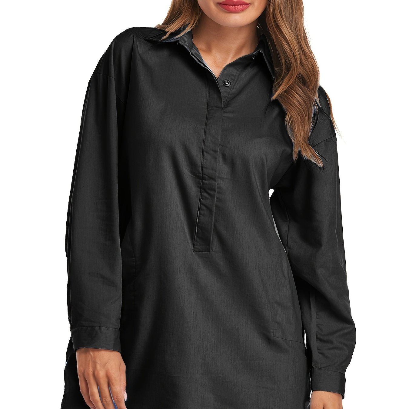 Solid Denim Shirt Dress Women's Loose Fit Casual Dress