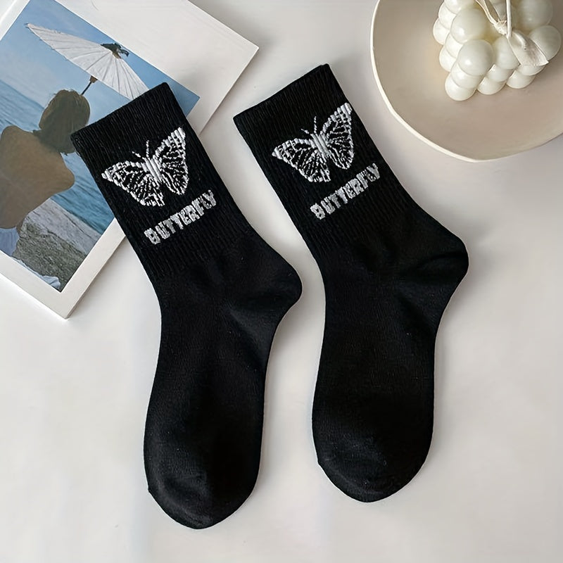6 Pairs Butterfly Print Mid Tube Socks for Women