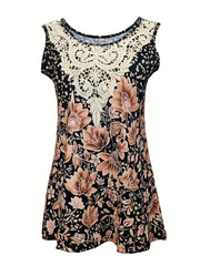Floral Print Lace Tank Top Vintage Sleeveless Summer Top