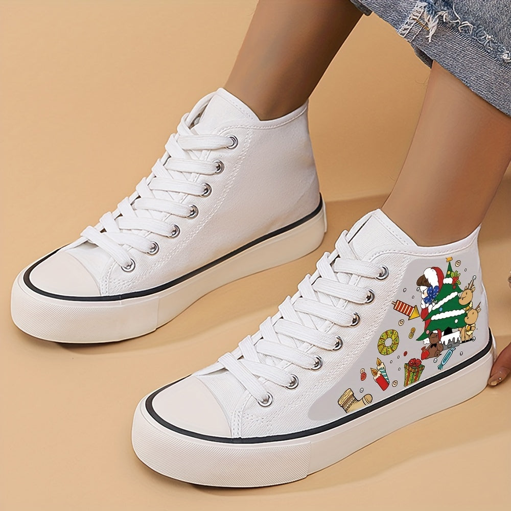 Christmas Print Flat Chunky Canvas Sneakers High Top Classic Skate Shoes