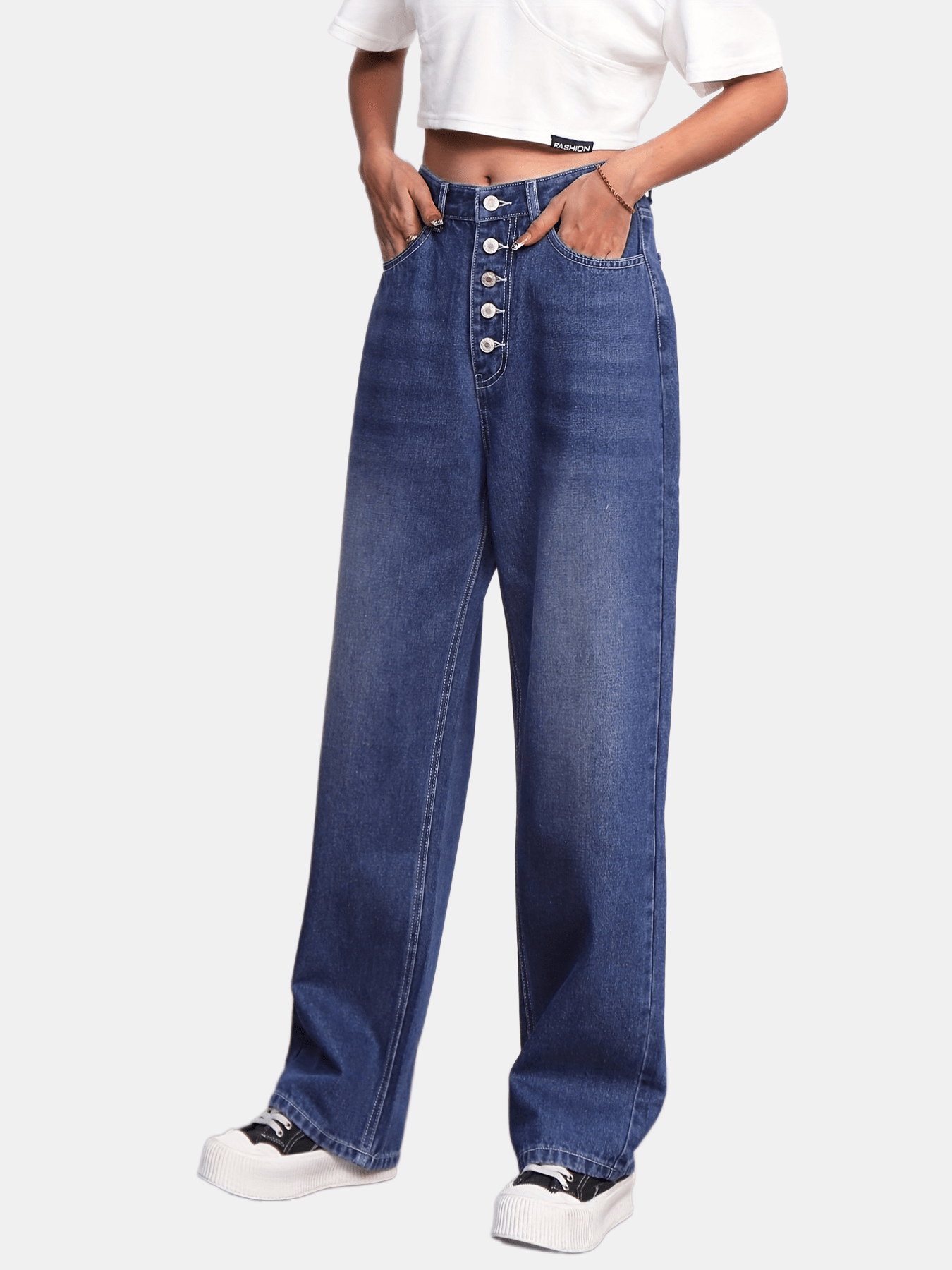 Button Fly Whiskering Straight Leg Jeans High Waist Casual Denim Pants