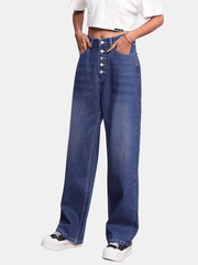 Button Fly Whiskering Straight Leg Jeans High Waist Casual Denim Pants