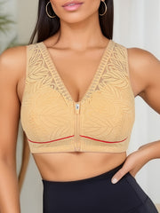 Leaf Pattern Lace Wireless Bra Zip Front Intimates Lingerie