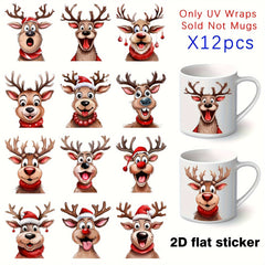 12pcs Christmas Deer Cartoon Vinyl Stickers for Cup Laptop Helmet DIY