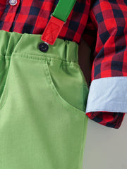 3pcs Toddler Boys Plaid Shirts & Solid Overalls Sets with Bow Tie