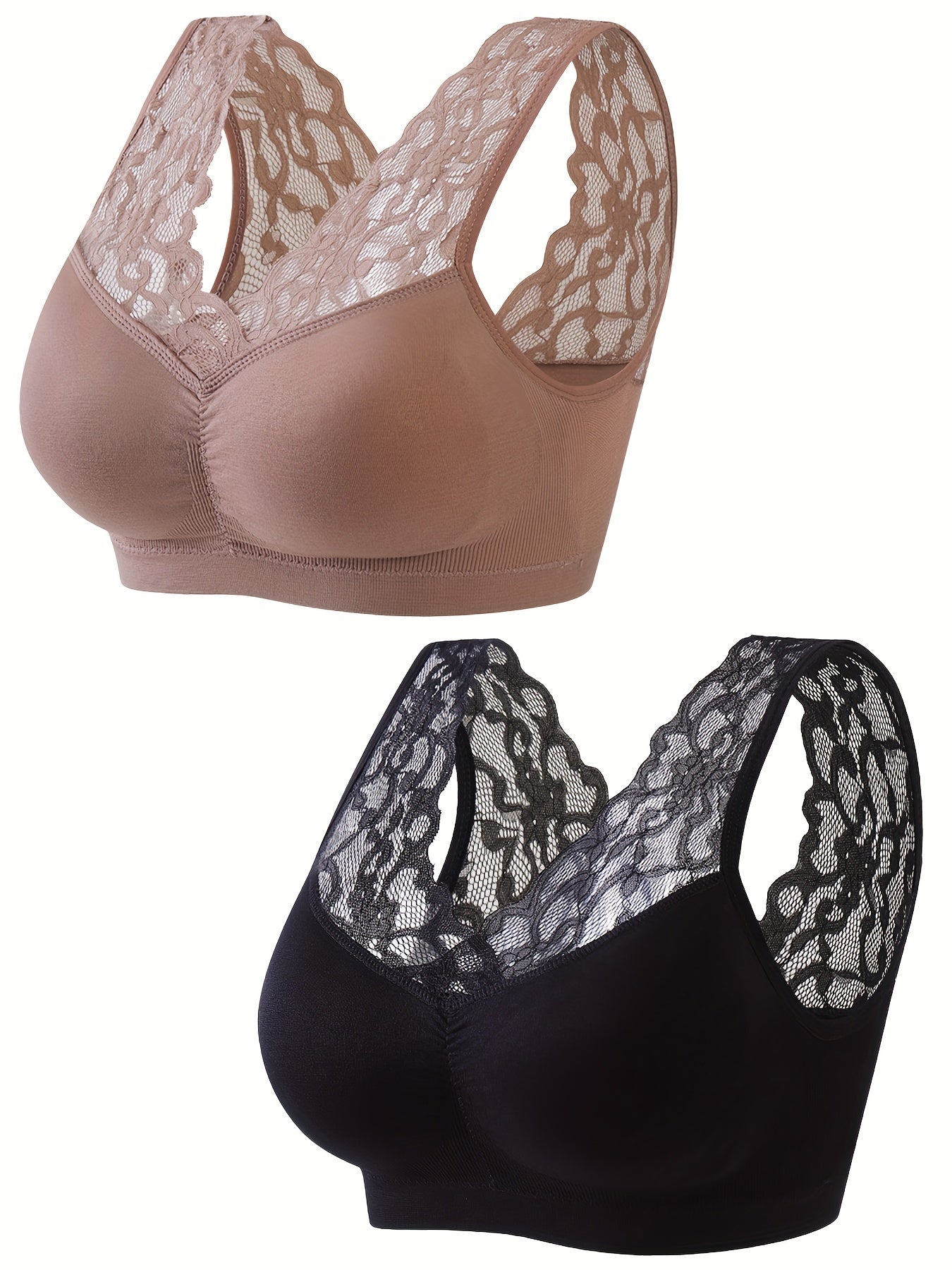 2 Pack Plus Size Sports Bras Set Women's Plus Contrast Lace Wireless Breathable