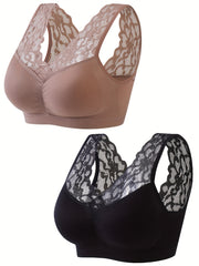 2 Pack Plus Size Sports Bras Set Women's Plus Contrast Lace Wireless Breathable