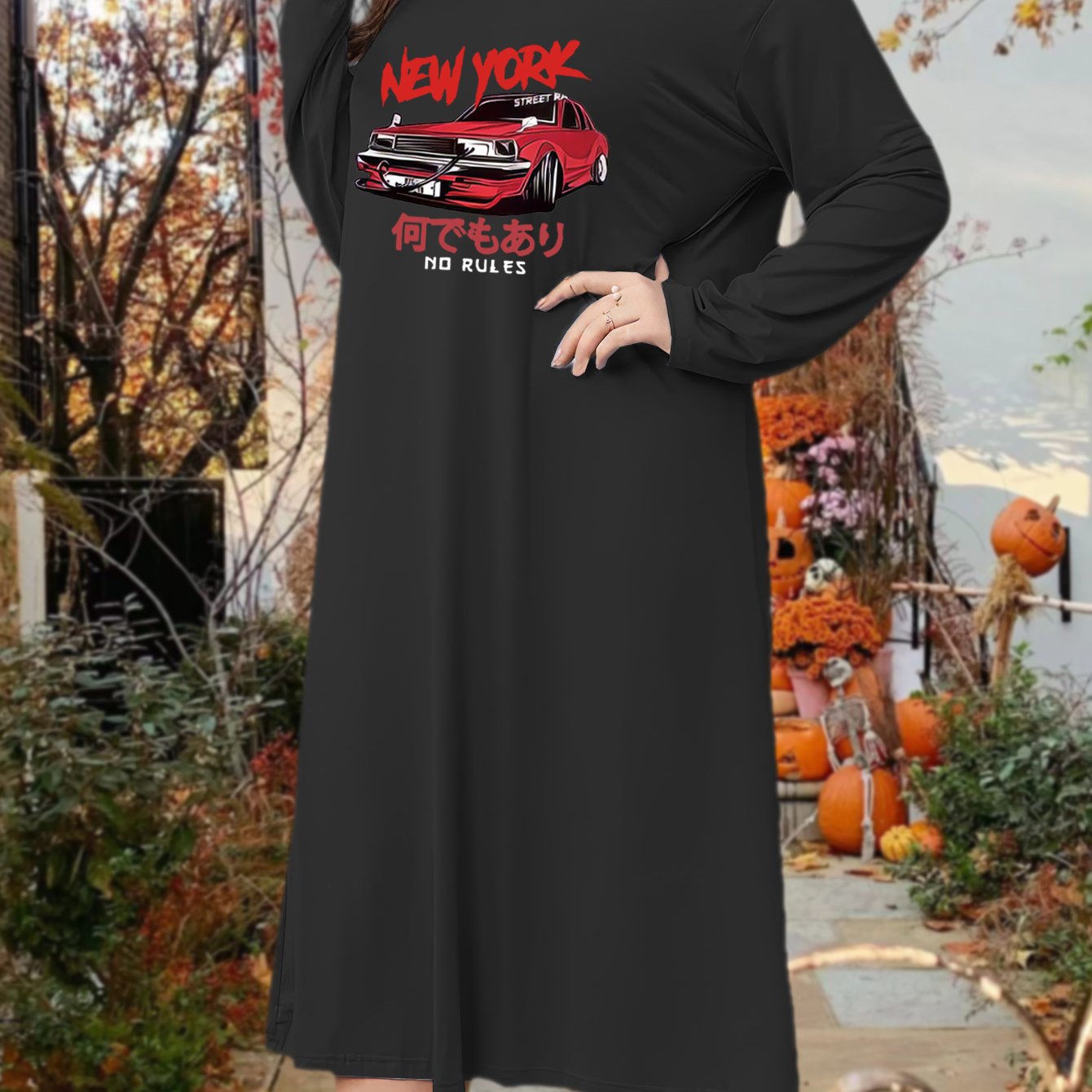 Car & Letter Print Lounge Dress Long Sleeve Crew Neck