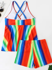 Rainbow Strip Layered Top & Panties Swimsuit Set