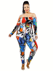 Sexy Jumpsuit Allover Print Off Shoulder Long Sleeve Stretch Jumpsuit