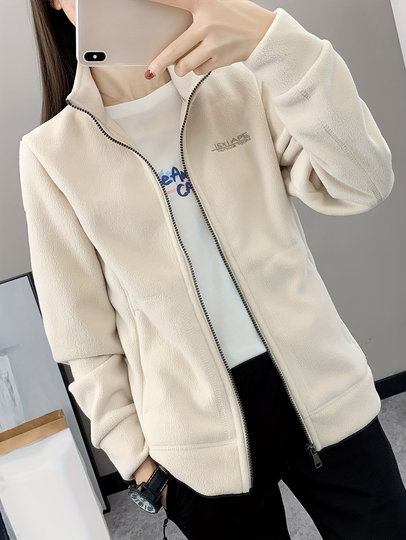 Letter Pattern Outdoor Jacket Long Sleeves Mock Neck Fleece Liner Coat