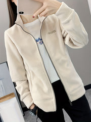 Letter Pattern Outdoor Jacket Long Sleeves Mock Neck Fleece Liner Coat