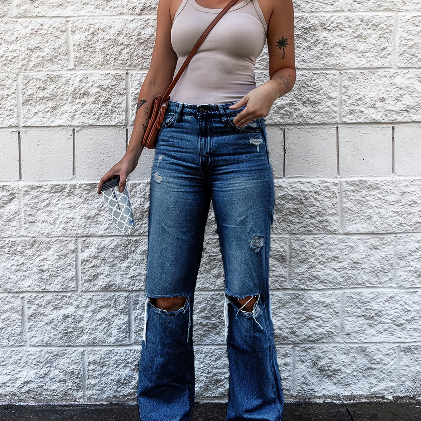 Distressed High Waist Bootcut Jeans Retro Denim Pants