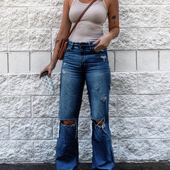Distressed High Waist Bootcut Jeans Retro Denim Pants