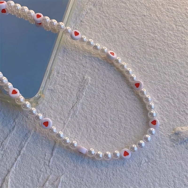 Resin Red Love Pearl Phone Lanyard Keychain for Girls