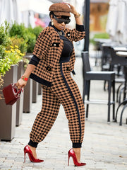 Plaid Button Two piece Set Contrast Trim Jacket & Casual Pants Outfits