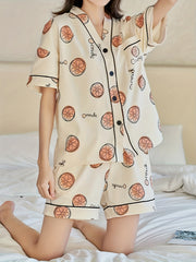 Fruit Print Button Lounge Set Short Sleeve Top & Loose Shorts