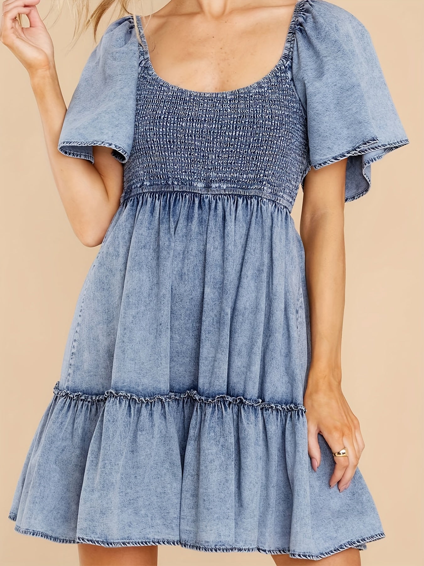 Short Sleeves Denim Dress Smocked Round Neck
