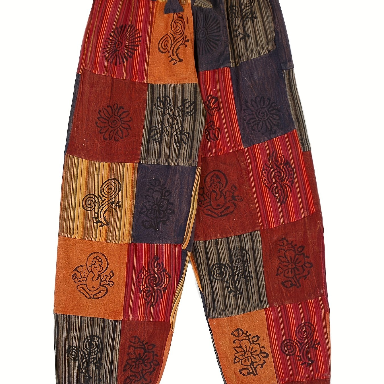 Hippie Graphic Print Drawstring Patchwork Pants Boho Loose Pants