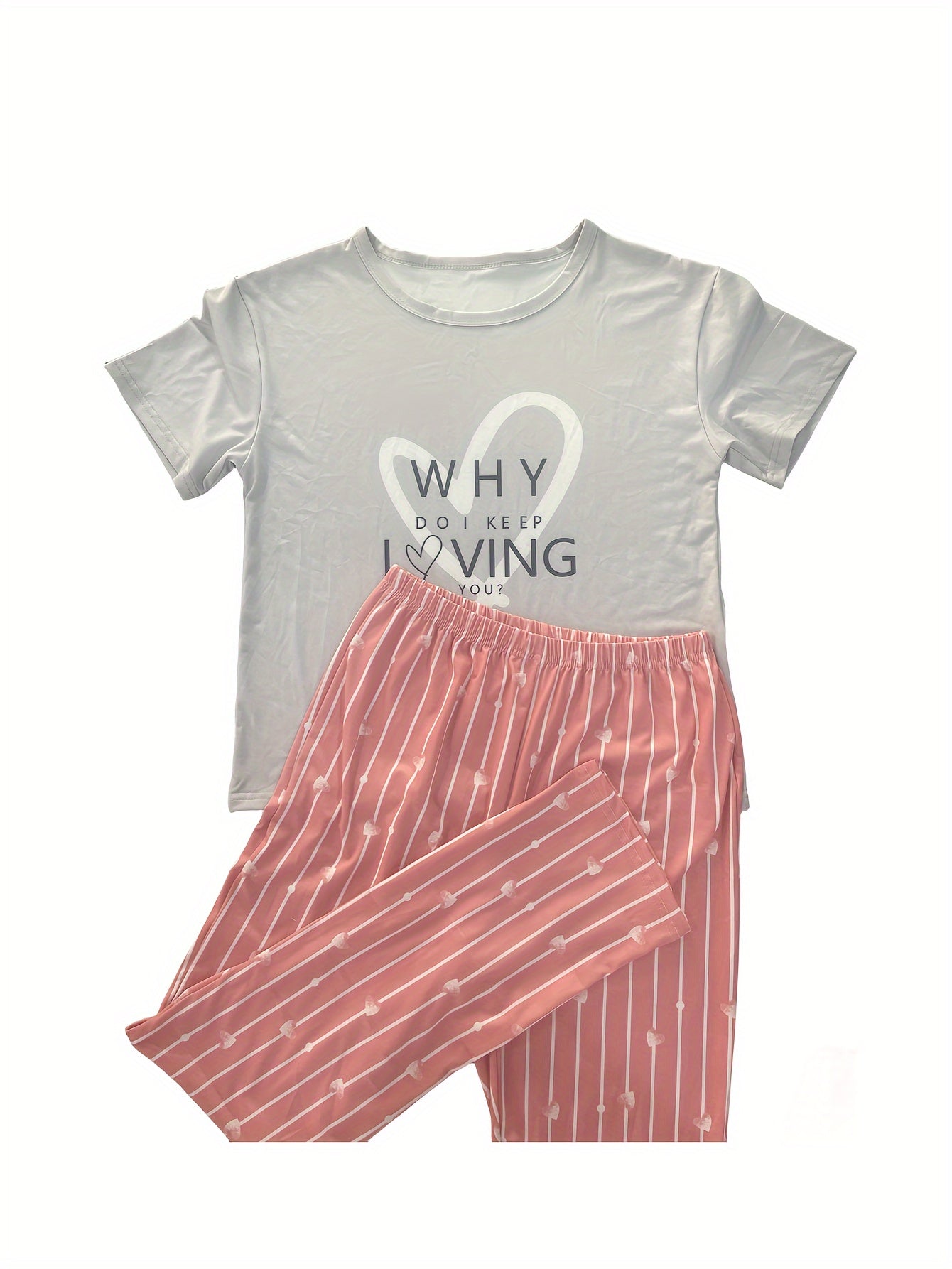 Heart Print Pajama Set Short Sleeve Crew Neck Top & Elastic Waistband Pants