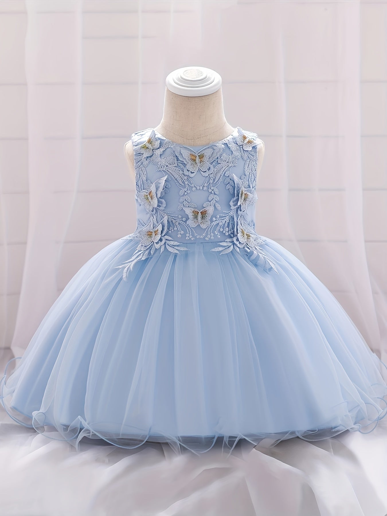 Girls Sleeveless Princess Dress Flower Embroidery Bow Tulle Tutu Dress