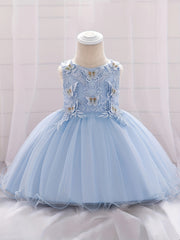 Girls Sleeveless Princess Dress Flower Embroidery Bow Tulle Tutu Dress