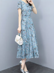 Floral Print Chiffon Dress Crew Neck Short Sleeve Casual Dress