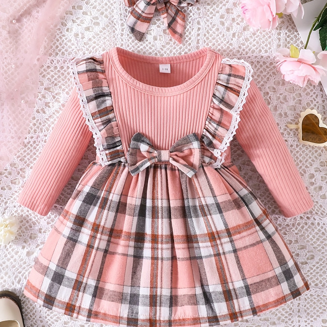 Baby Girl Ruffle Trim Plaid Dress Headband Set