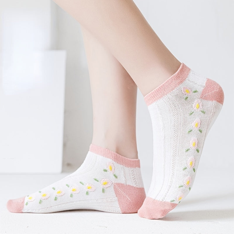 Pink Ankle Socks Floral Pattern Low Cut Women's Stockings
