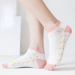 Pink Ankle Socks Floral Pattern Low Cut Women's Stockings