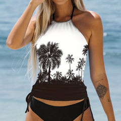 Coconut Tree Print Tankini Sets Halter Round Neck Drawstring Tie Side Swimsuit