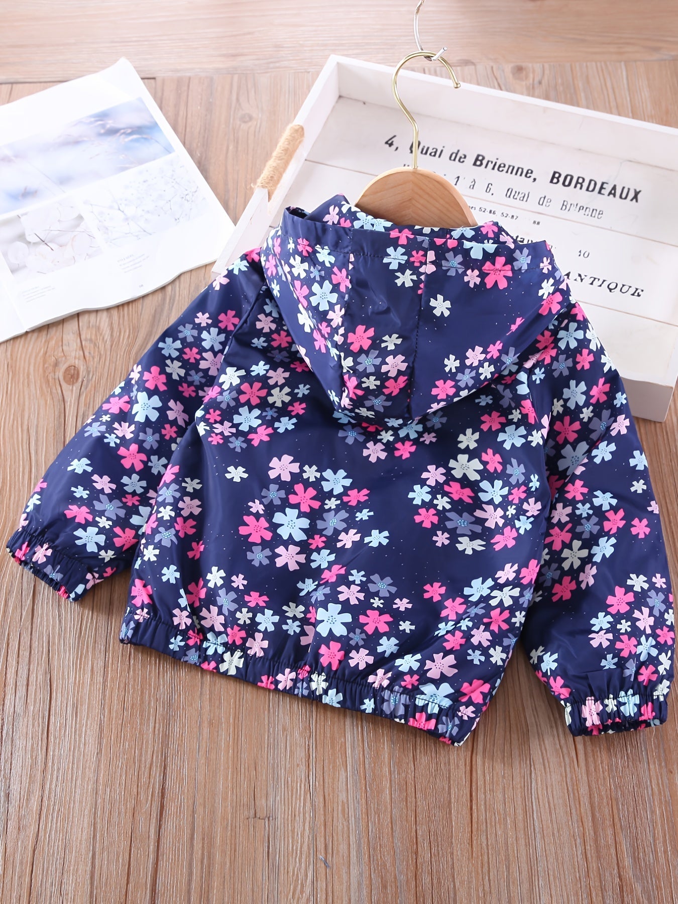 Girls Flowers Print Hooded Zipper Jacket Long Sleeve Top