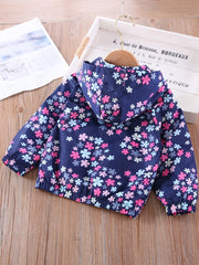 Girls Flowers Print Hooded Zipper Jacket Long Sleeve Top