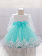 Bow Princess Gown Dress Girls Long Sleeve Lace Floral Stitching One Year's Dress