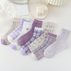 8 Pairs Floral Print Gauze Socks Retro Style Mixed Pattern Comfy Socks