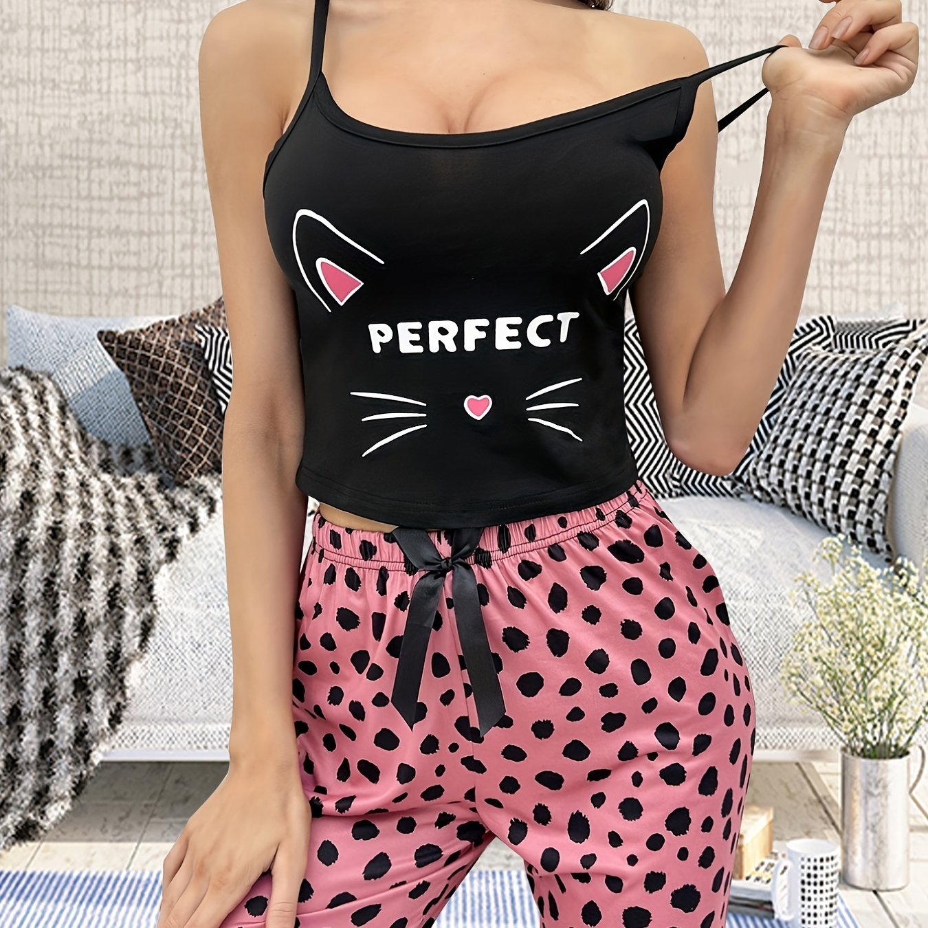 Cat Print Pajama Set Scoop Neck Cami Top & Pants Women's Sleepwear