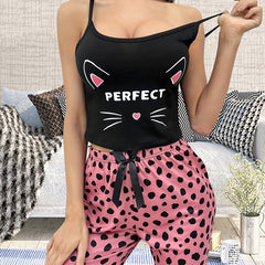 Cat Print Pajama Set Scoop Neck Cami Top & Pants Women's Sleepwear